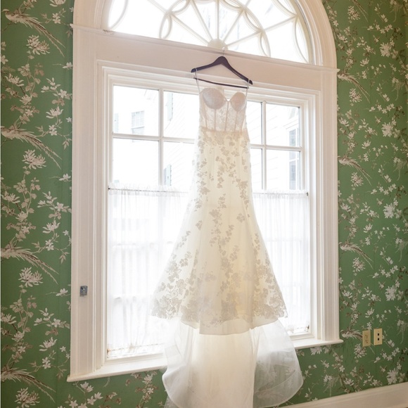 Custom Monique Lhuillier with Mae lace including dress custom shrug and veil